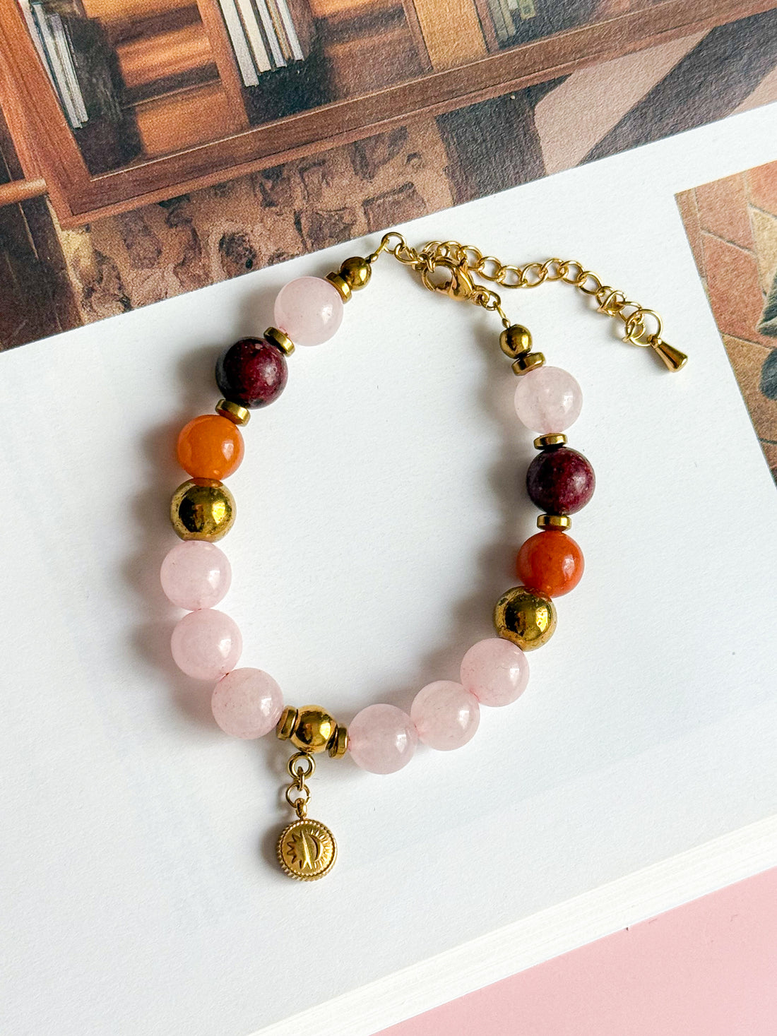 Bracelet ISABELLE - Quartz rose, Jaspe dalmatien et Quartz orange