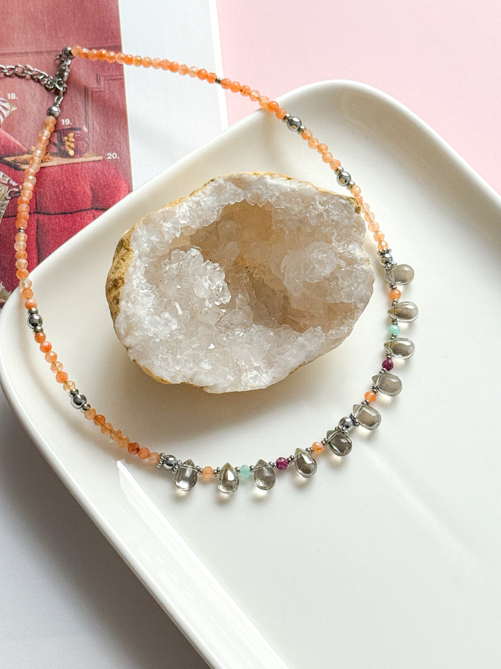 Collier EZRA argenté - Pierre de soleil, Rubis, Amazonite