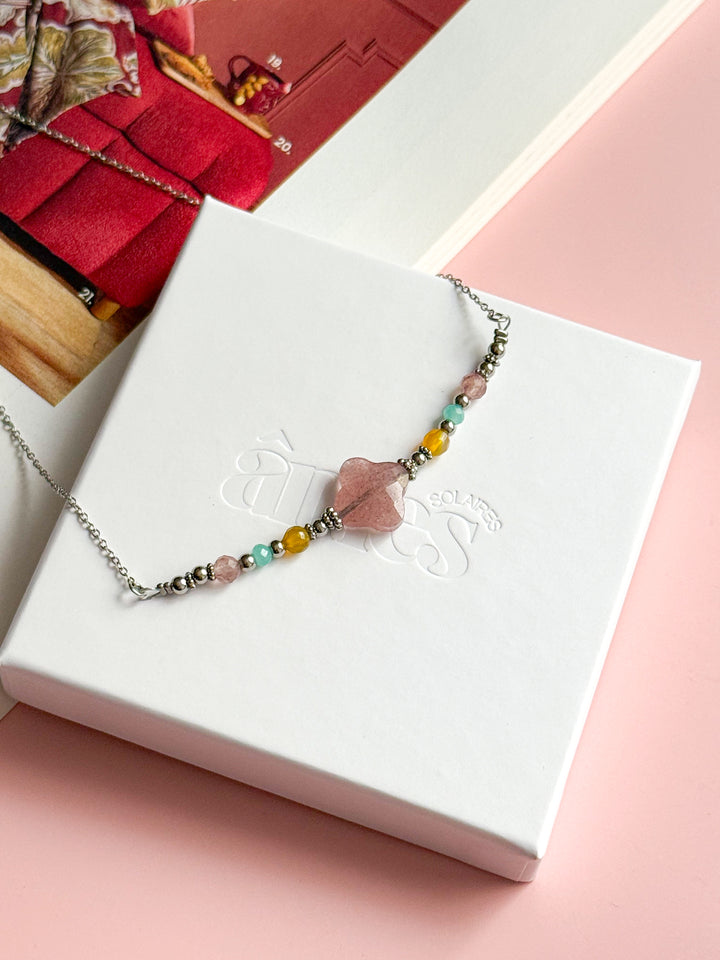 Collier MIA argenté - Quartz fraise, Agate jaune et Amazonite