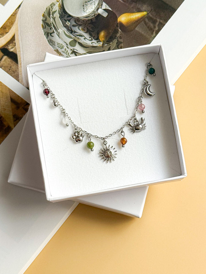 Collier THÉRÈSE - Quartz fraise, Turquoise, Pierre de Lune, Agate, Serpentine, Grenat