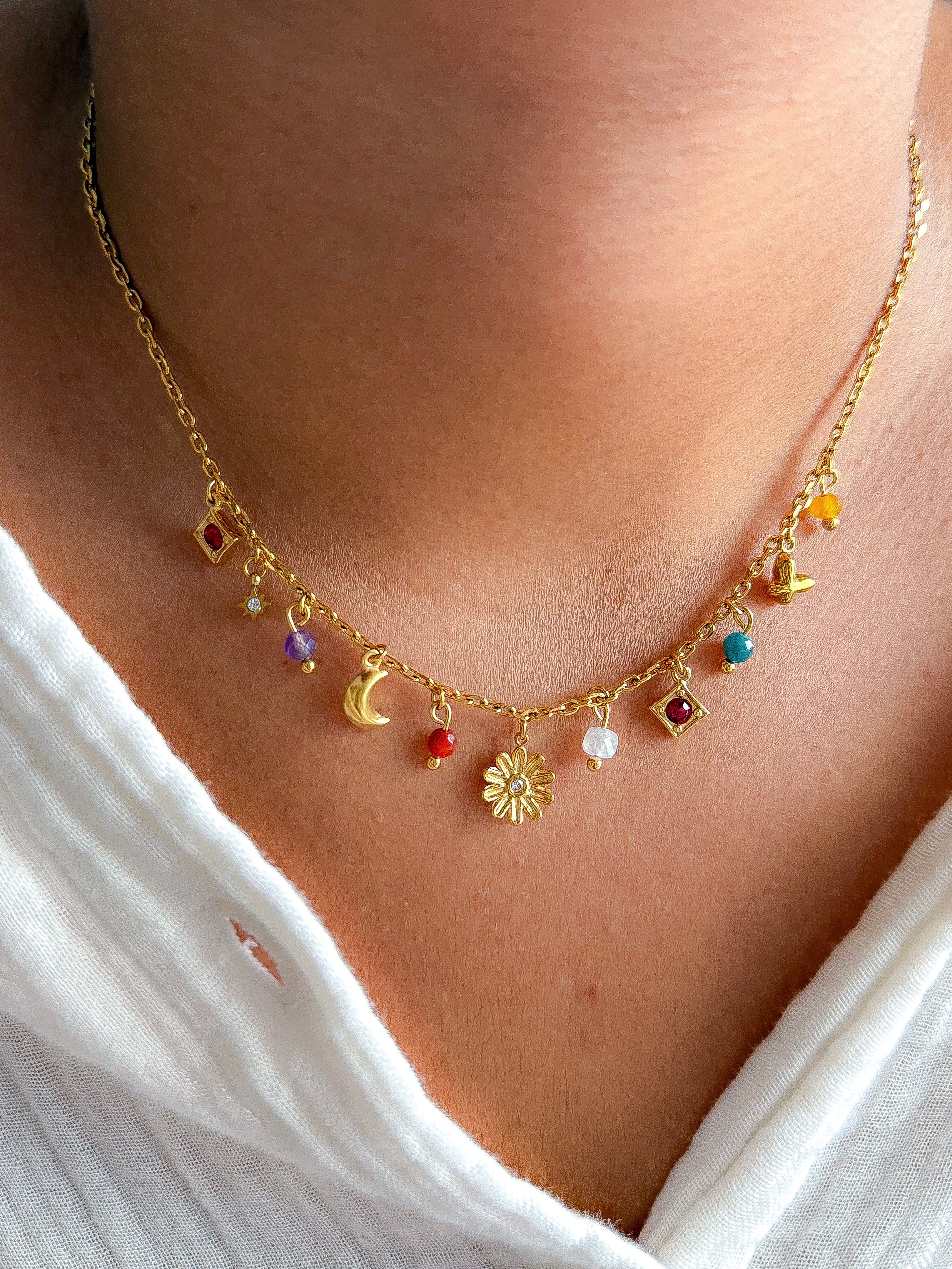 Collier LYDIE - Améthyste, Quartz jaune, Turquoise, Pierre de Lune, Agate