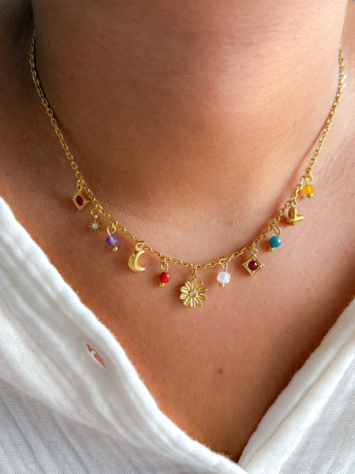 Collier LYDIE - Améthyste, Quartz jaune, Turquoise, Pierre de Lune, Agate