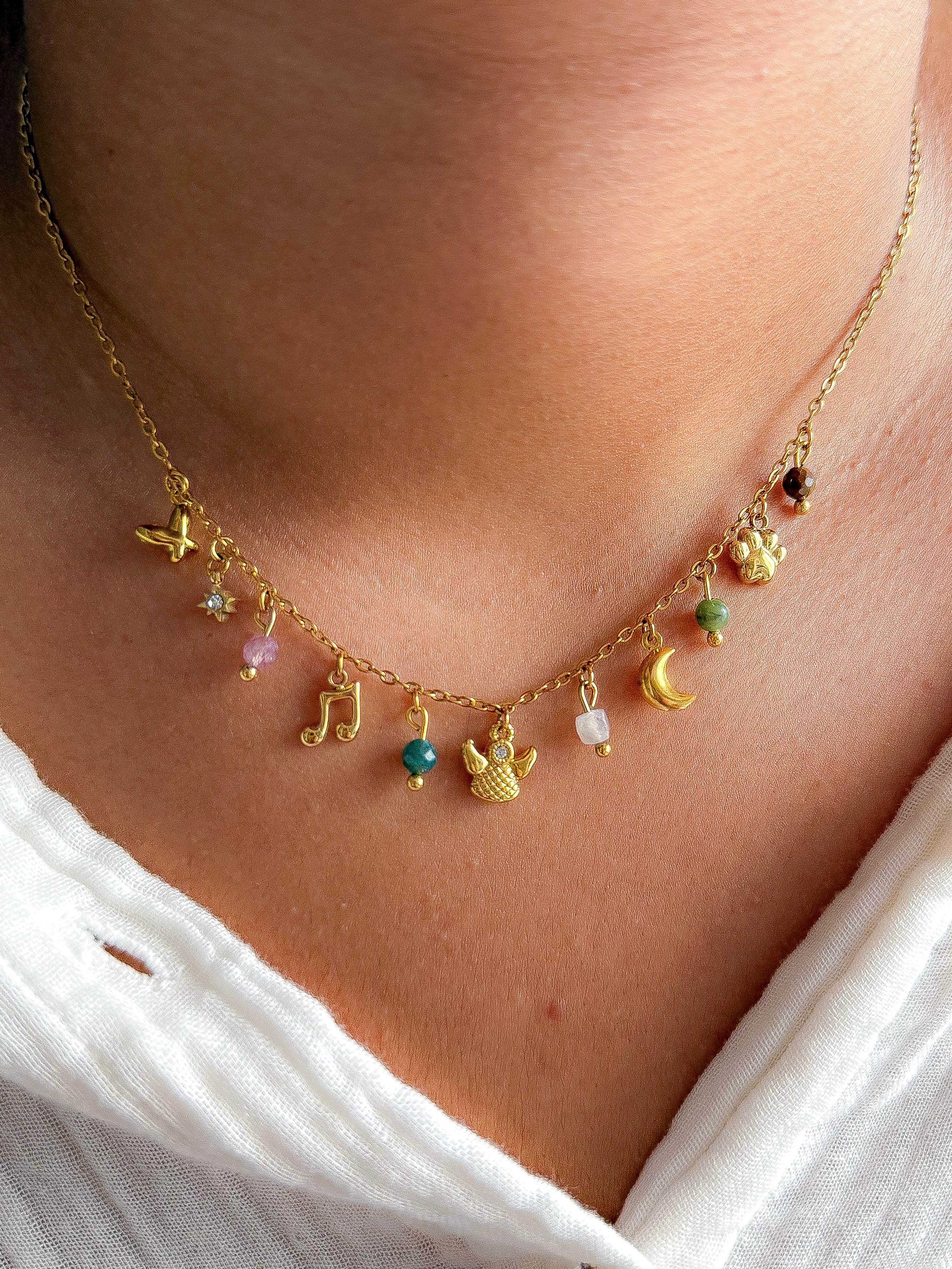 Collier MARIE - Quartz fraise, Turquoise, Pierre de Lune, Agate, Serpentine