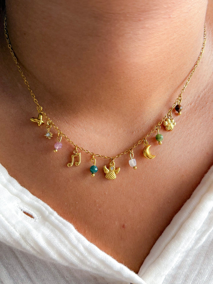 Collier MARIE - Quartz fraise, Turquoise, Pierre de Lune, Agate, Serpentine
