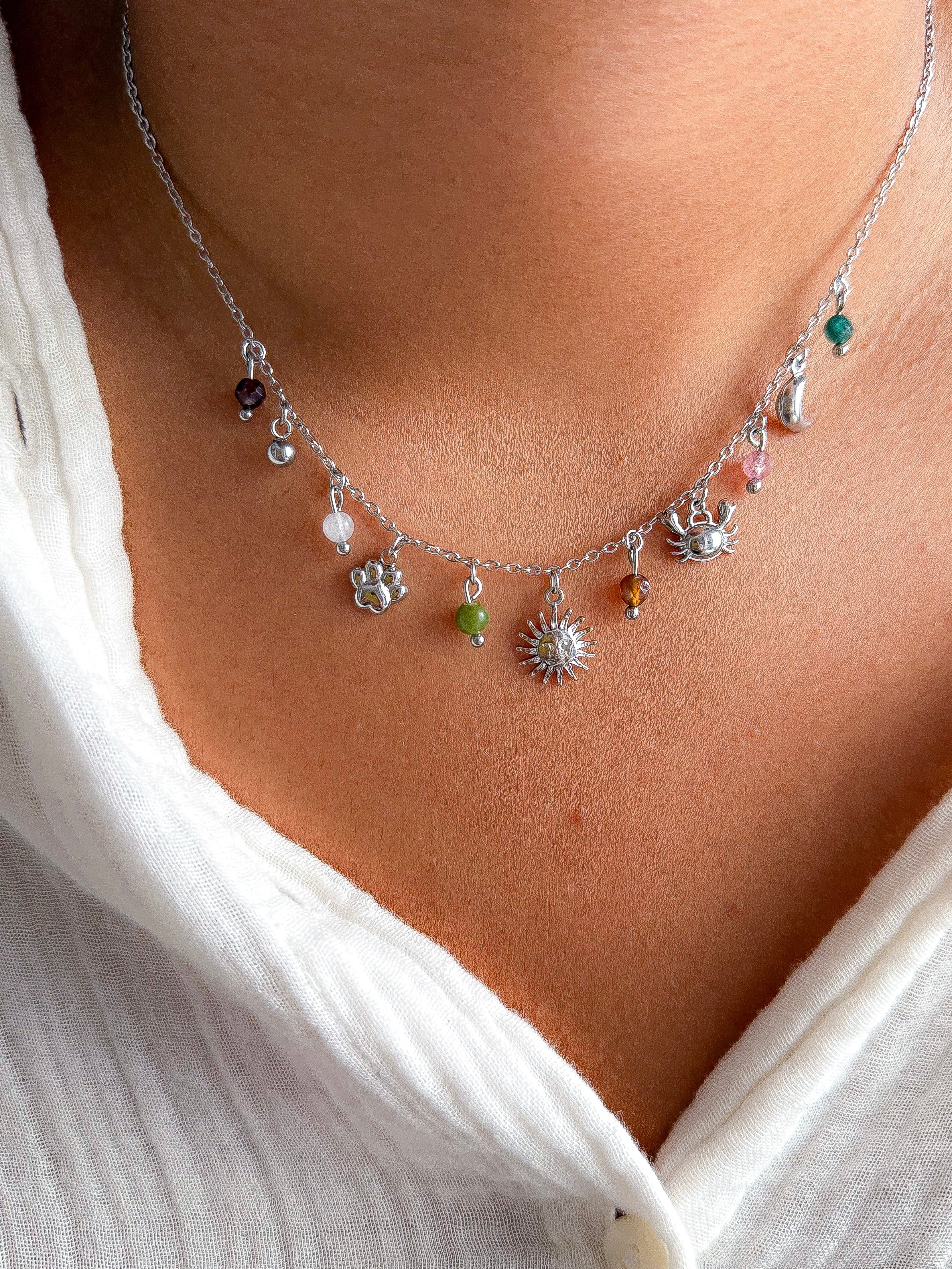 Collier THÉRÈSE - Quartz fraise, Turquoise, Pierre de Lune, Agate, Serpentine, Grenat