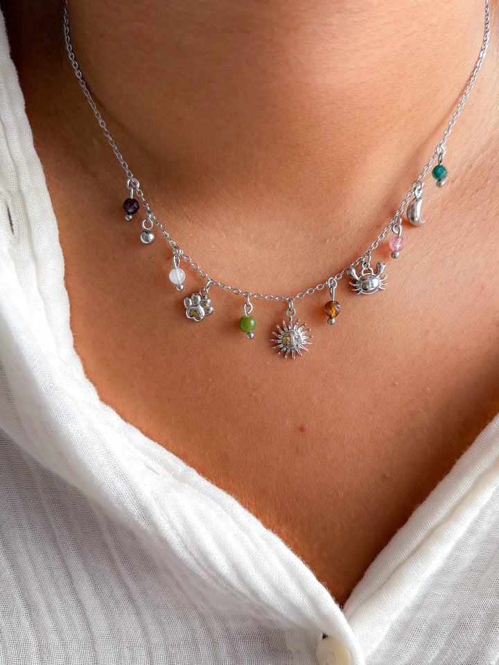 Collier THÉRÈSE - Quartz fraise, Turquoise, Pierre de Lune, Agate, Serpentine, Grenat