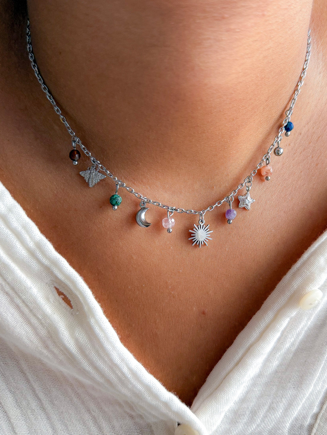 Collier MAYA - Quartz fraise, Turquoise, Améthyste, Agate, Lapis lazuli, Pierre de Soleil