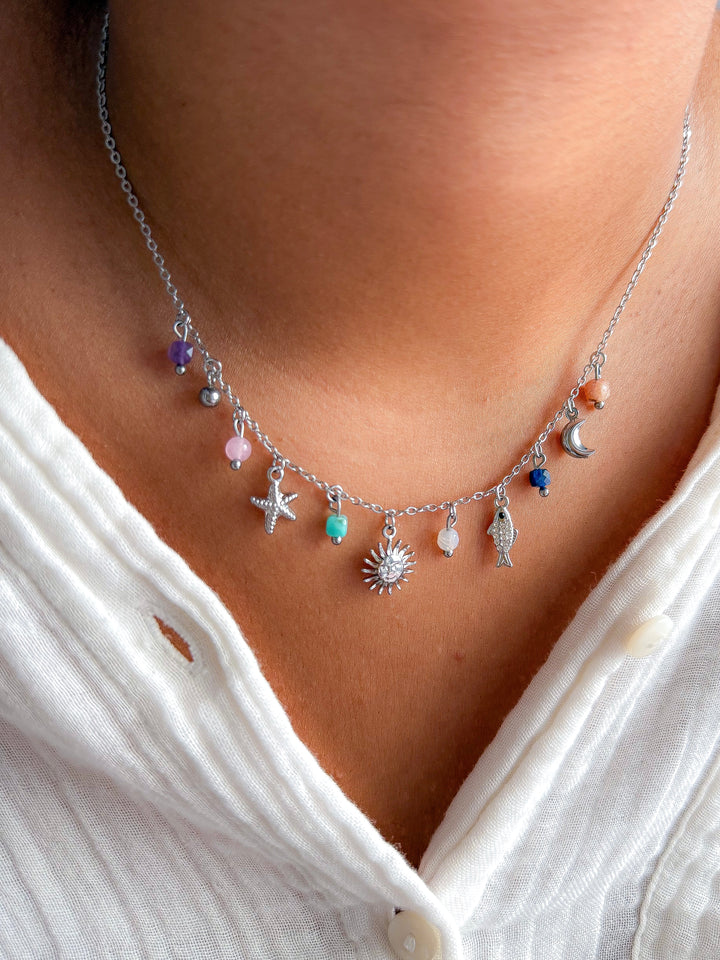 Collier INES - Quartz rose, Amazonite, Améthyste, Lapis lazuli, Pierre de Soleil/Lune