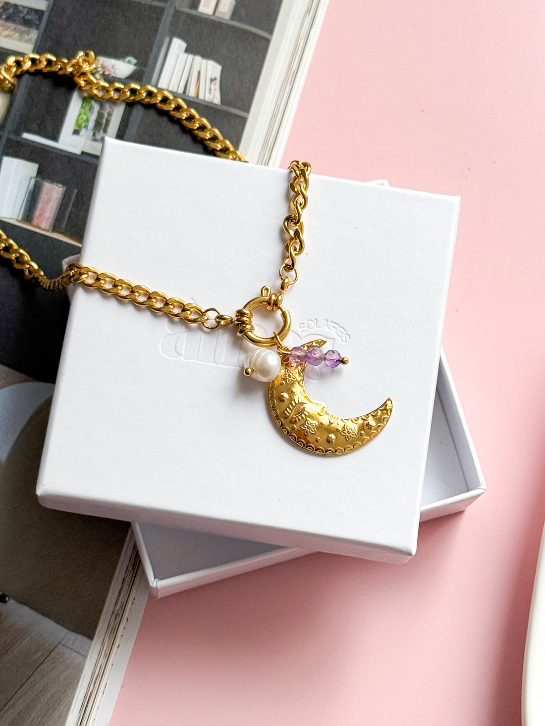 Collier EVELYNE Lune - Améthyste et Perle d'eau douce