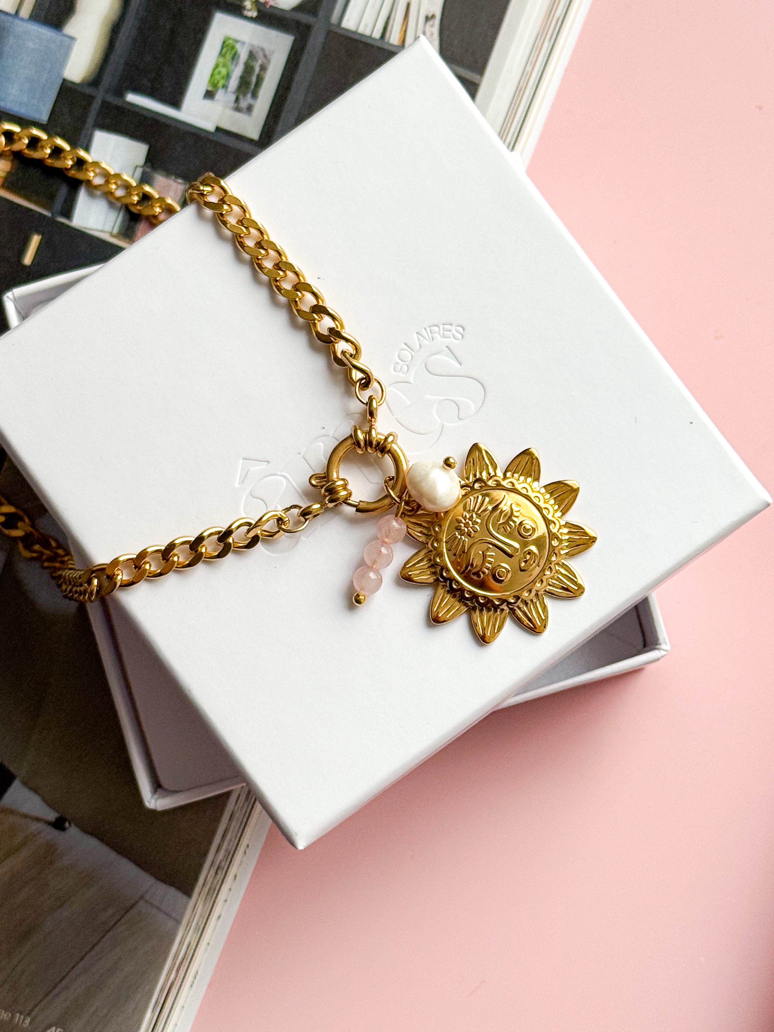 Collier EVELYNE Soleil - Quartz rose et Perle d'eau douce