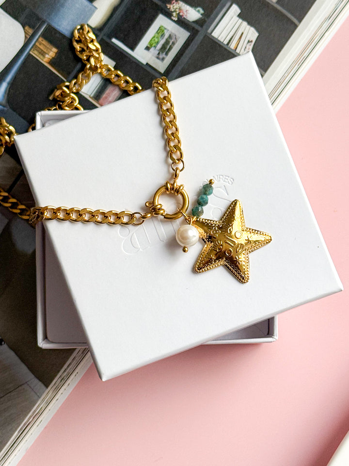 Collier EVELYNE Étoile - Turquoise et Perle d'eau douce