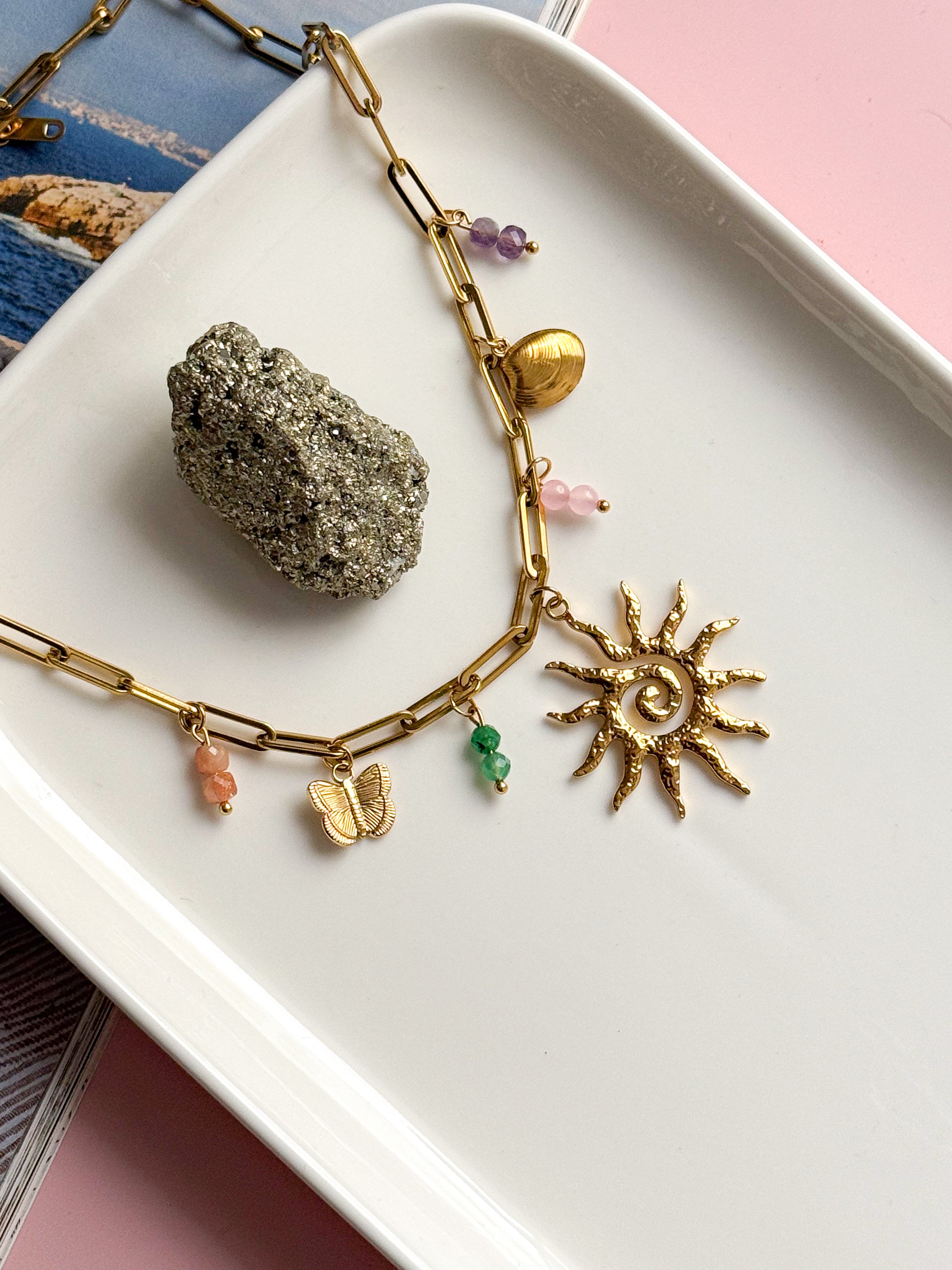 Collier MURIEL - Améthyste, Aventurine, Pierre de Soleil et Quartz rose