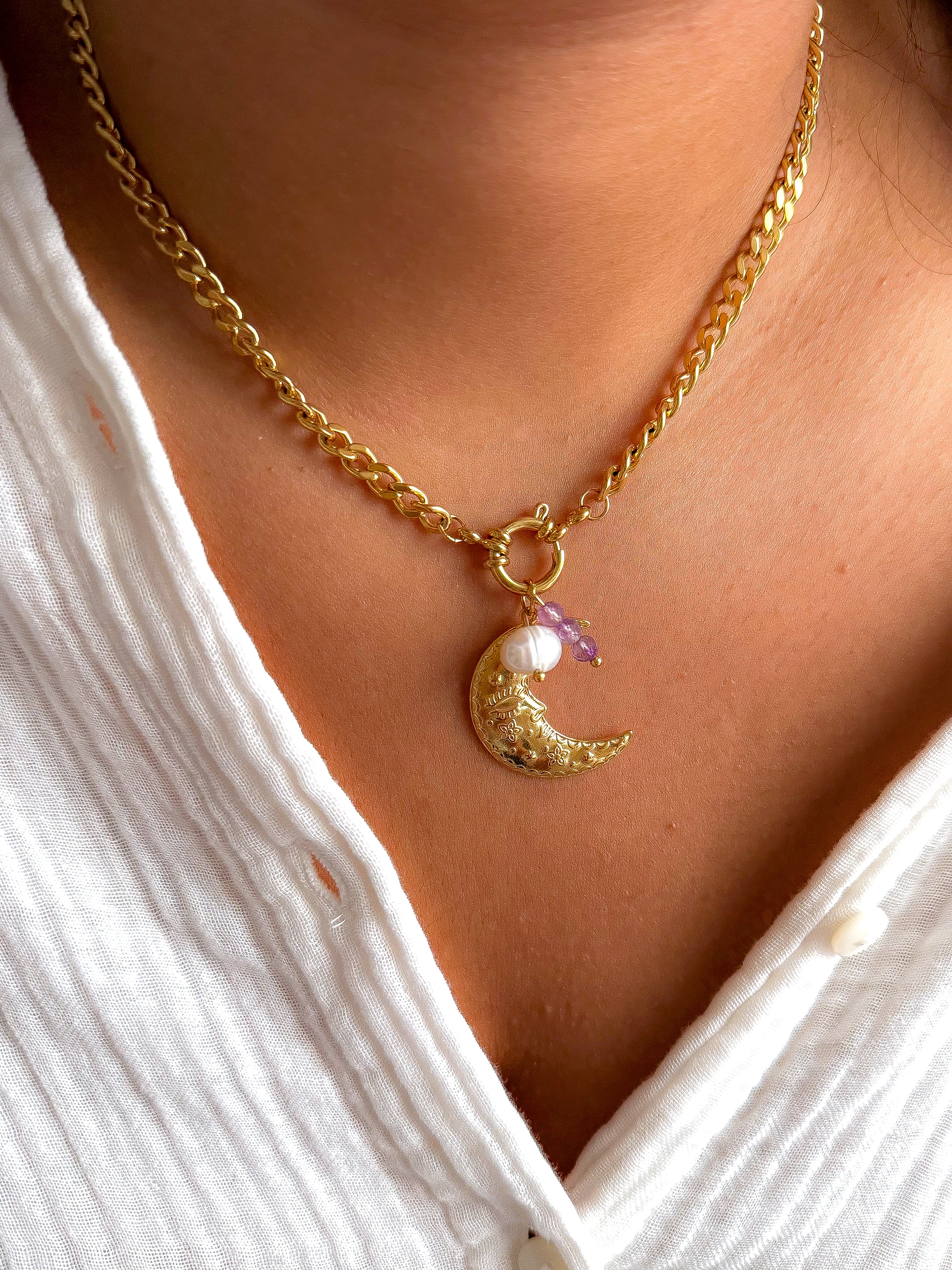 Collier EVELYNE Lune - Améthyste et Perle d'eau douce