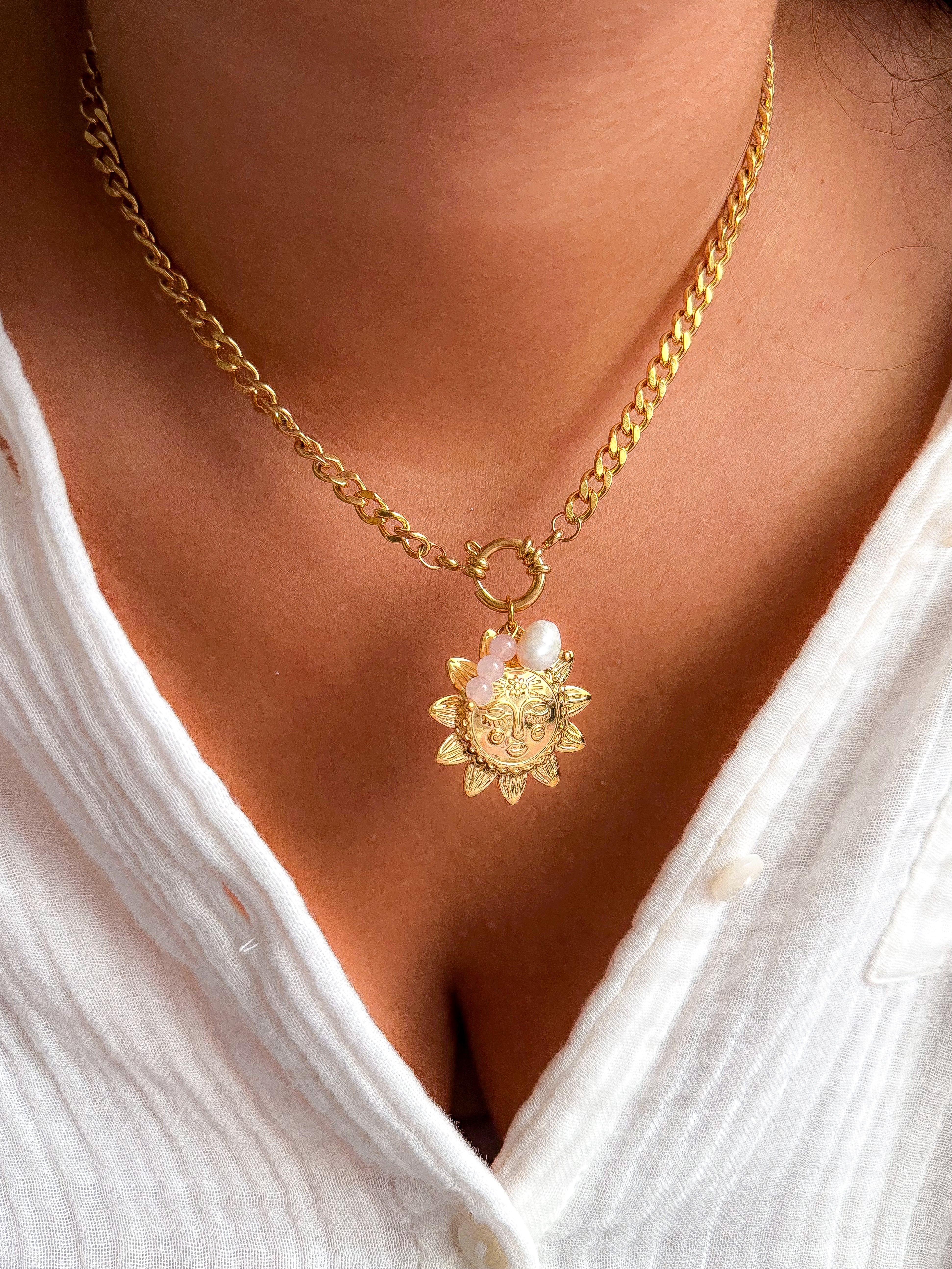 Collier EVELYNE Soleil - Quartz rose et Perle d'eau douce