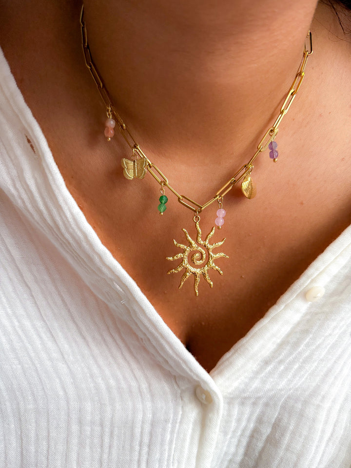 Collier MURIEL - Améthyste, Aventurine, Pierre de Soleil et Quartz rose