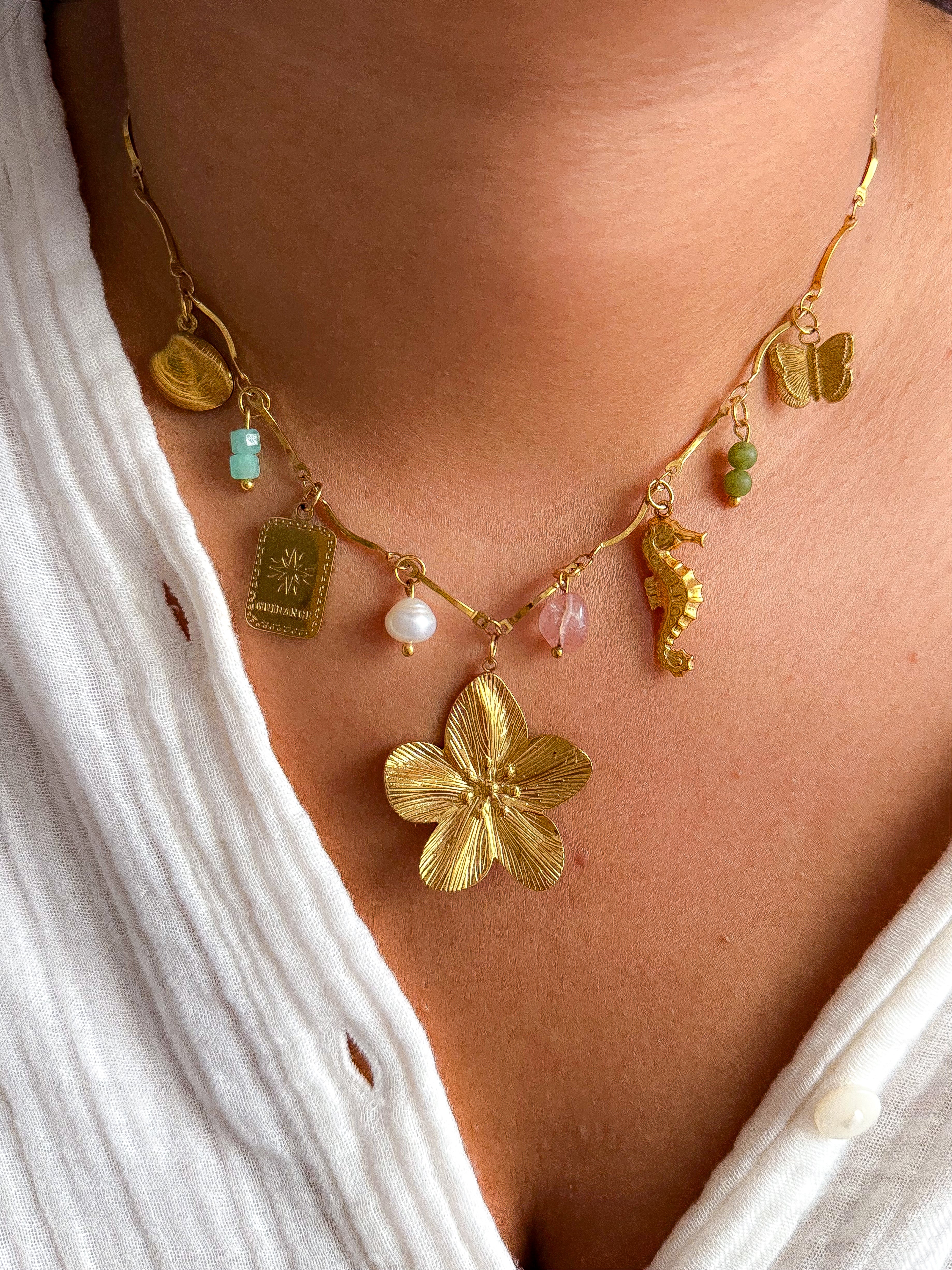 Collier CANNELLE - Amazonite, Serpentine, Perle d'eau douce et Quartz fraise