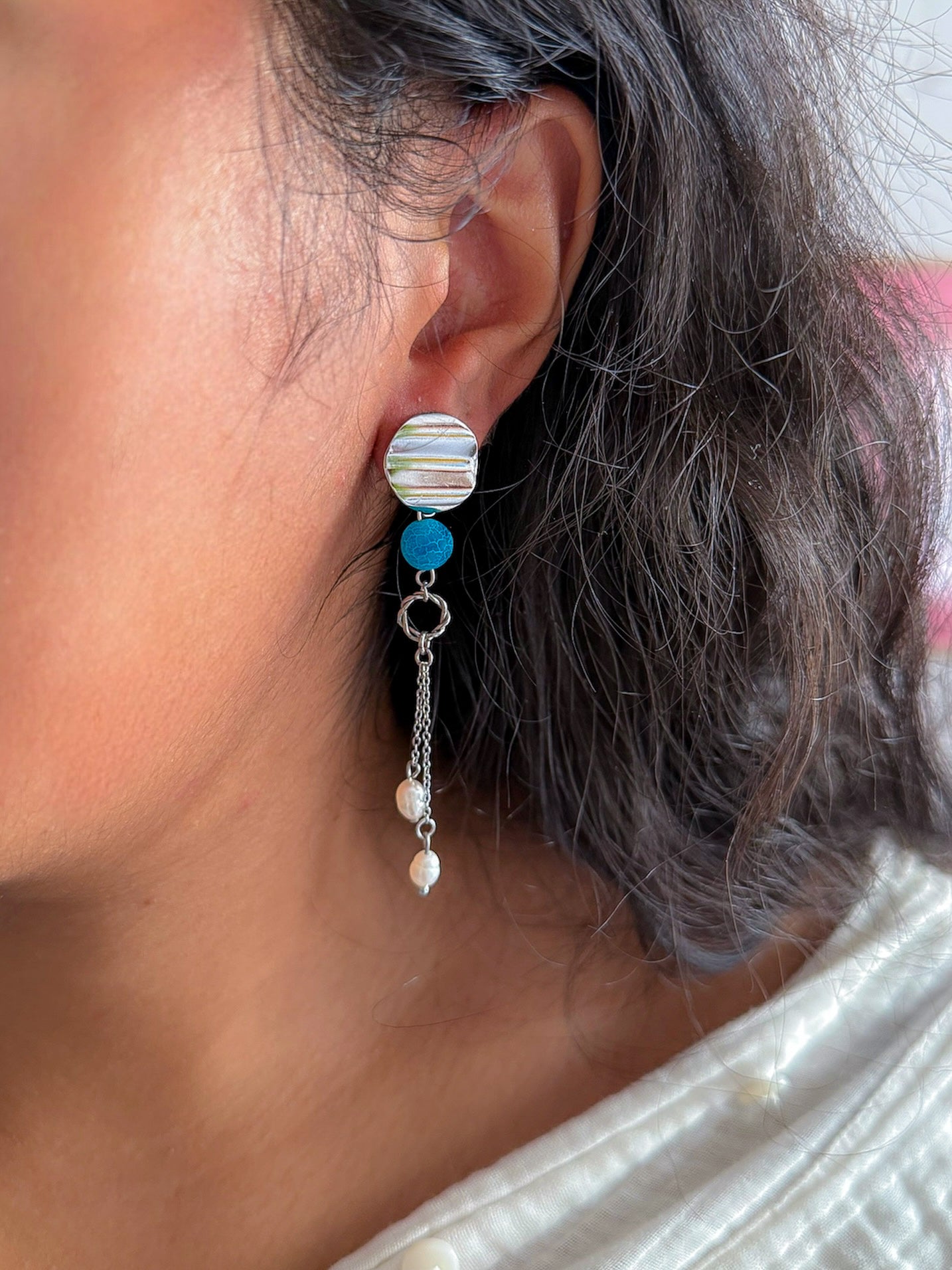Boucles d'oreilles MARTINE - Agate bleue et Perle d'eau douce